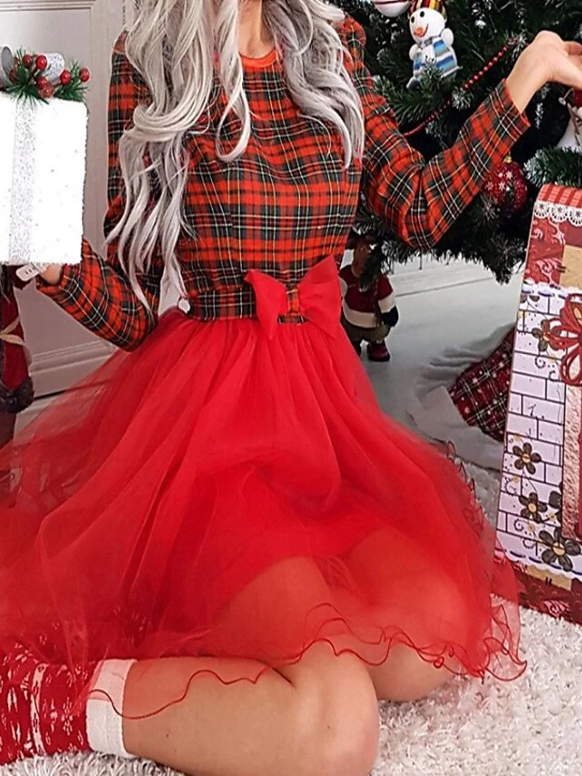 Women‘s Christmas Casual Dress Swing Dress Mini Dress Red Long Sleeve Plaid Mesh Winter Fall Autumn Crew Neck Modern Daily 2022 S M L XL 1 Women‘s Christmas Casual Dress Swing Dress Mini Dress Red Long Sleeve Plaid Mesh Winter Fall Autumn Crew Neck Modern Daily 2022 S M L XL