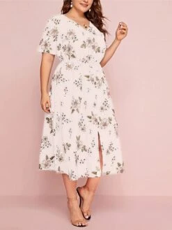 Women‘s Plus Size Curve Casual Dress A Line Dress Floral Dress Floral Midi Dress Short Sleeve Print V Neck Fashion Daily Black White Spring Summer L XL XXL 3XL -Casual Print Dress Sales aprfon1672800360880