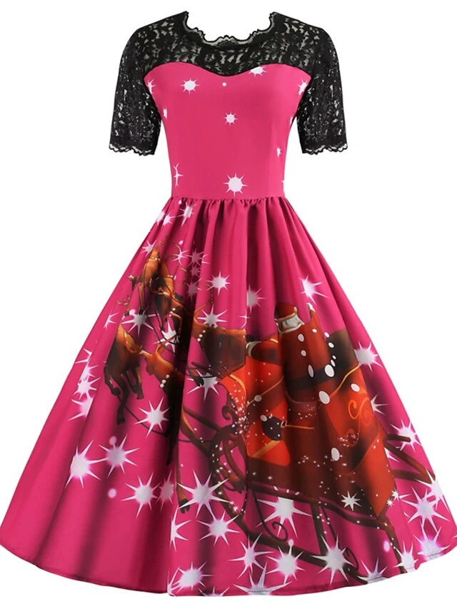 Women's Christmas Lace Dress Swing Dress Maxi Long Dress Claret Green Blue Purple Red Rose Red Short Sleeve Santa Claus Print Lace Patchwork Winter Fall Crew Neck Vintage Fashion Elegant 2022 S M L 4 Women's Christmas Lace Dress Swing Dress Maxi Long Dress Claret Green Blue Purple Red Rose Red Short Sleeve Santa Claus Print Lace Patchwork Winter Fall Crew Neck Vintage Fashion Elegant 2022 S M L - Image 4