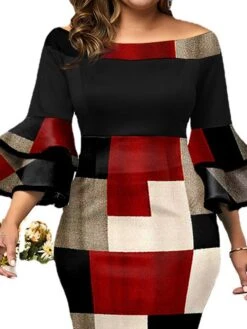 Women‘s Plus Size Curve Work Dress Bodycon Sheath Dress Plaid Midi Dress 3/4 Length Sleeve Backless Crew Neck Fashion Office Red Fall Spring XL XXL 3XL 4XL 5XL -Casual Print Dress Sales aqryxw1672900198018