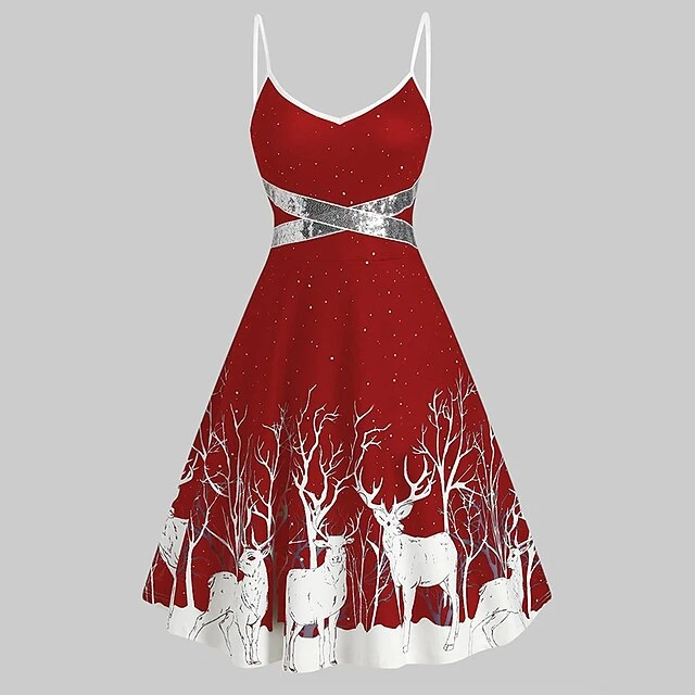 Women's Christmas Strap DressKnee Length Dress Green Black Red Sleeveless Animal Sequins Patchwork Print Spring Summer V Neck Hot Party 2022 S M L XL XXL 3XL 5 Women's Christmas Strap DressKnee Length Dress Green Black Red Sleeveless Animal Sequins Patchwork Print Spring Summer V Neck Hot Party 2022 S M L XL XXL 3XL - Image 5