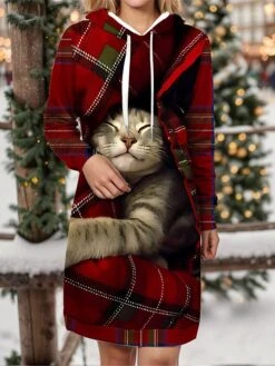 Women's Christmas Dress Hoodie Dress Mini Dress Warm Fashion Outdoor Christmas Holiday Hoodie Print Animal Geometric Loose Fit Wine Navy Blue Blue S M L XL XXL