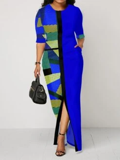 Women‘s Plus Size Curve Work Dress Print Crew Neck Split Half Sleeve Spring Fall Stylish Elegant Maxi Long Dress Formal Work Dress