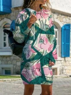 Women's Casual Dress Hoodie Dress Winter Dress Floral Plaid Print Hooded Mini Dress Fashion Streetwear Outdoor Daily Long Sleeve Loose Fit Black Yellow Pink Fall Winter S M L XL XXL