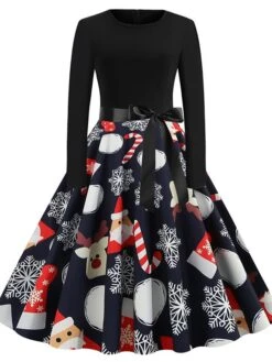 Women's Christmas Swing DressKnee Length Dress Black And White White Light Red Gold Red Long Sleeve Elk Snowman Bell Bow Print Fall Winter Round Neck Vintage Elegant 2022 S M L XL 2XL -Casual Print Dress Sales aruoij1634125863896
