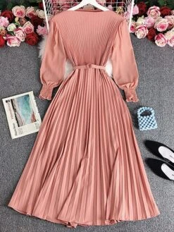 Women's Casual Dress Plain Dress SpringĀ Dress Midi Dress Ruched Pleated Work Street Daily Fashion Streetwear Crew Neck Long Sleeve 2023 Loose Fit Black Pink Wine Color M Size