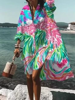 Women's Shirt Dress Casual Dress Swing Dress Midi Dress Daily Holiday Vacation Polyester Stylish Modern Shirt Collar High Low Dress Print Long Sleeve Summer Spring 2022 Loose Fit Black Red Blue