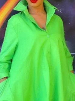 Women's Shirt Dress Midi Dress Winter Dress Daily Vacation Polyester Cotton Blend Classic Casual Shirt Collar Ruched Ruffle Long Sleeve Summer Spring Fall 2023 Loose Fit Light Green Pure Color S M L -Casual Print Dress Sales atxuem1653632156751