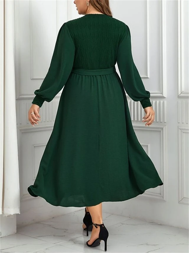 Women's Plus Size Curve Casual Dress Sheath Dress Plain Midi Dress Long Sleeve Lace Up Split V Neck Fashion Outdoor Green Fall Winter XL XXL 3XL 4XL 3 Women's Plus Size Curve Casual Dress Sheath Dress Plain Midi Dress Long Sleeve Lace Up Split V Neck Fashion Outdoor Green Fall Winter XL XXL 3XL 4XL - Image 3