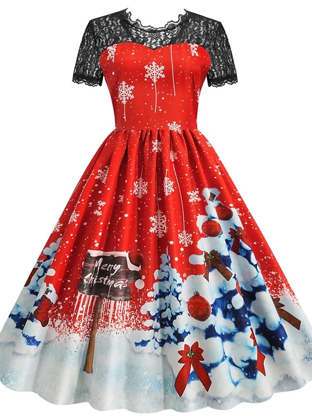 Women's Christmas Casual Dress Swing Dress Midi Dress Blue Purple Red Short Sleeve Tree Lace Print Winter Fall Crew Neck Vacation Vintage 2022 S M L XL XXL 3XL 2 Women's Christmas Casual Dress Swing Dress Midi Dress Blue Purple Red Short Sleeve Tree Lace Print Winter Fall Crew Neck Vacation Vintage 2022 S M L XL XXL 3XL - Image 2