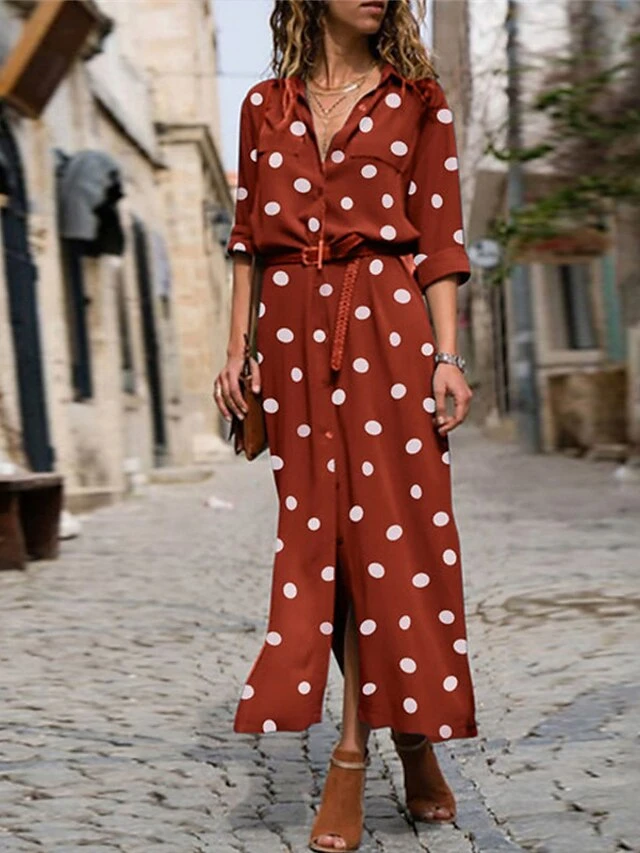 Women's Shirt Dress Maxi Long Dress Winter Dress Daily Date Polyester Fashion Elegant Shirt Collar Print Long Sleeve Summer Spring Fall 2022 Regular Fit Black Army Green Red Polka Dot Round Dots S M 3 Women's Shirt Dress Maxi Long Dress Winter Dress Daily Date Polyester Fashion Elegant Shirt Collar Print Long Sleeve Summer Spring Fall 2022 Regular Fit Black Army Green Red Polka Dot Round Dots S M - Image 3