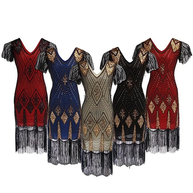 Women's Retro 1920s Fringe Dress Midi Dress Party Halloween Sequins Tassel Fringe Geometric V Neck Short Sleeve Regular Fit Spring Fall 2023 Black Light Red XS S M L 2 Women's Retro 1920s Fringe Dress Midi Dress Party Halloween Sequins Tassel Fringe Geometric V Neck Short Sleeve Regular Fit Spring Fall 2023 Black Light Red XS S M L - Image 2