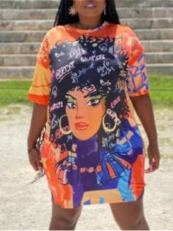 Women‘s Plus Size Curve Casual Dress T Shirt Dress Tee Dress Shift Dress Graphic Midi Dress Short Sleeve Print Crew Neck Fashion Daily Black Orange Spring Summer L XL XXL 3XL -Casual Print Dress Sales auwfbc1672900107958