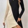 Women's Sweater Dress Casual Dress Winter Dress Mini Dress Patchwork Ribbed Daily Date Going Out Fashion Streetwear Crew Neck Long Sleeve 2023 Loose Fit Khaki Color S M L XL XXL Size