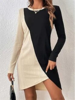 Women's Sweater Dress Casual Dress Winter Dress Mini Dress Patchwork Ribbed Daily Date Going Out Fashion Streetwear Crew Neck Long Sleeve 2023 Loose Fit Khaki Color S M L XL XXL Size