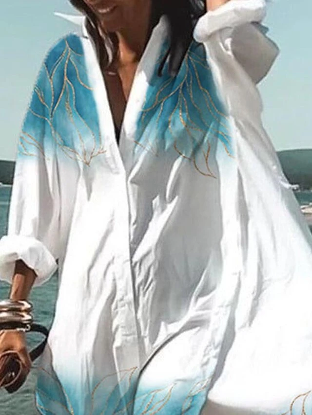 Women's Shirt Dress Cover Up Beach Wear Mini Dress Button Print Fashion Casual Graphic V Neck Long Sleeve Loose Fit Outdoor Daily White 2023 Spring Summer S M L XL 2 Women's Shirt Dress Cover Up Beach Wear Mini Dress Button Print Fashion Casual Graphic V Neck Long Sleeve Loose Fit Outdoor Daily White 2023 Spring Summer S M L XL - Image 2