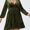 Women‘s Plus Size Curve Party Dress Velvet Dress Cocktail Dress Mini Dress Black Wine Royal Blue Long Sleeve Pure Color Ruched Spring Fall Winter V Neck Fashion Birthday Wedding Guest Vacation 2023