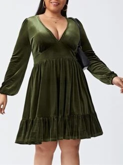 Women‘s Plus Size Curve Party Dress Velvet Dress Cocktail Dress Mini Dress Black Wine Royal Blue Long Sleeve Pure Color Ruched Spring Fall Winter V Neck Fashion Birthday Wedding Guest Vacation 2023