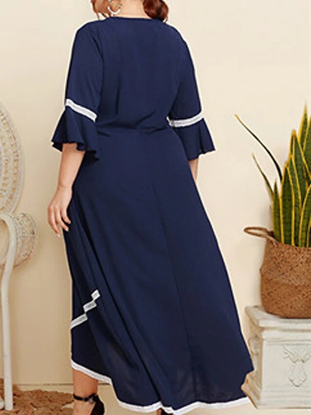 Women's Plus Size Curve Casual Dress Swing Dress A Line Dress Plain Long Dress Maxi Dress 3/4 Length Sleeve Patchwork Plus High Low Crew Neck Fashion Outdoor Dark Blue Fall Winter XL XXL 3XL 4XL 6 Women's Plus Size Curve Casual Dress Swing Dress A Line Dress Plain Long Dress Maxi Dress 3/4 Length Sleeve Patchwork Plus High Low Crew Neck Fashion Outdoor Dark Blue Fall Winter XL XXL 3XL 4XL - Image 6