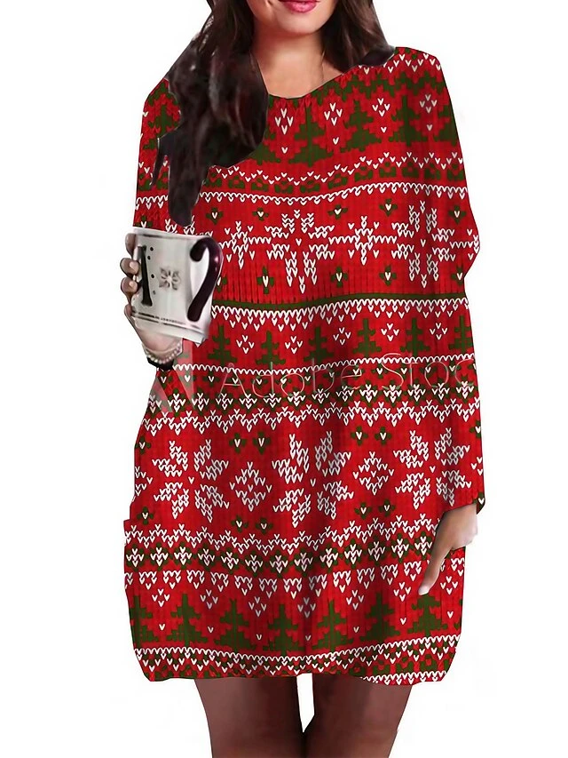 Women's Plus Size Christmas Casual Dress Sunflower Round Neck Print Long Sleeve Fall Winter Vintage Casual Festival Mini Dress Holiday Dress 1 Women's Plus Size Christmas Casual Dress Sunflower Round Neck Print Long Sleeve Fall Winter Vintage Casual Festival Mini Dress Holiday Dress