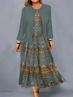 Women's Plus Size Curve Casual Dress Dress Set Two Piece Dress Geometric Gradient Midi Dress Long Sleeve Print Crew Neck Fashion Outdoor Blue Gold Fall Winter L XL XXL 3XL 4XL