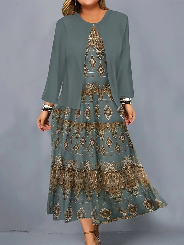 Women's Plus Size Curve Casual Dress Dress Set Two Piece Dress Geometric Gradient Midi Dress Long Sleeve Print Crew Neck Fashion Outdoor Blue Gold Fall Winter L XL XXL 3XL 4XL 1 Women's Plus Size Curve Casual Dress Dress Set Two Piece Dress Geometric Gradient Midi Dress Long Sleeve Print Crew Neck Fashion Outdoor Blue Gold Fall Winter L XL XXL 3XL 4XL