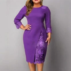 Women‘s Plus Size Curve Party Dress Solid Color Round Neck Lace 3 4 Length Sleeve Spring Fall Work Casual Prom Dress Knee Length Dress Casual Daily Dress -Casual Print Dress Sales awvvea1638524221037