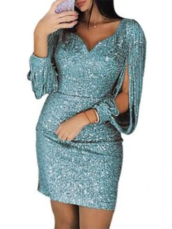 Women‘s Plus Size Curve Party Dress Solid Color V Neck Sequins Long Sleeve Fall Spring Formal Casual Sequins Short Mini Dress Casual Daily Dress Cotton Sequin Dress Homecoming Dress -Casual Print Dress Sales awwosr1645172203384