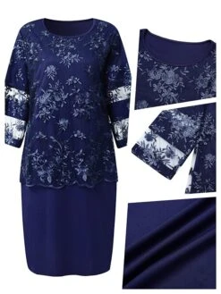 Women's Plus Size Curve Wedding Guest Dress Lace Party Dress Crew Neck Print 3/4 Length Sleeve Mother Dress Spring Fall Dress Elegant Formal Midi Dress Party Cocktail Dress -Casual Print Dress Sales awzhqk1675147983416