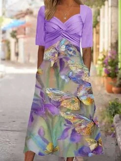 Women's Casual Dress A Line Dress Summer Dress Floral Butterfly Ruched Pocket V Neck Midi Dress Fashion Modern Outdoor Daily Half Sleeve Loose Fit Purple Summer Spring S M L XL XXL