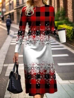 Women's Casual Dress Christmas Dress Print Dress Plaid Snowman Print Crew Neck Midi Dress Fashion Streetwear Outdoor Christmas Long Sleeve Slim Black White Wine Fall Winter S M L XL XXL -Casual Print Dress Sales axtqbd1695199875380