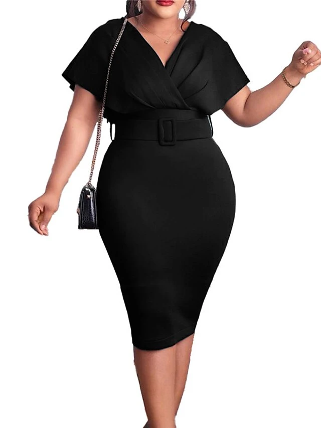 Women‘s Plus Size Curve Easter Dress Work Dress Solid Color V Neck Short Sleeve Spring Dress Fall Work Formal Knee Length Dress Date Vacation Dress 11 Women‘s Plus Size Curve Easter Dress Work Dress Solid Color V Neck Short Sleeve Spring Dress Fall Work Formal Knee Length Dress Date Vacation Dress - Image 11