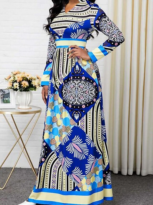 Women's Casual Dress Sheath Dress Boho Dress Print Tribal Print V Neck Long Dress Maxi Dress Active Fashion Outdoor Street Long Sleeve Regular Fit Blue Fall S M L XL XXL 1 Women's Casual Dress Sheath Dress Boho Dress Print Tribal Print V Neck Long Dress Maxi Dress Active Fashion Outdoor Street Long Sleeve Regular Fit Blue Fall S M L XL XXL