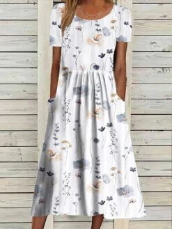 Women's Casual Dress Summer Dress Print Dress Floral Pocket Print Crew Neck Midi Dress Fashion Streetwear Outdoor Daily Short Sleeve Loose Fit White Blue Dark Blue Summer Spring S M L XL XXL
