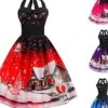 Women's Christmas Knee Length Dress Blue Purple Blushing Pink Red Sleeveless Print Lace Up Print Fall Summer Halter Neck VintageParty Slim 2021 S M L XL XXL
