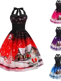 Women's Christmas Knee Length Dress Blue Purple Blushing Pink Red Sleeveless Print Lace Up Print Fall Summer Halter Neck VintageParty Slim 2021 S M L XL XXL
