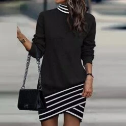 Women's Sweatshirt Dress Winter Dress Shift Dress Midi Dress Black And White Black Gray Black And White Stripes 3/4 Length Sleeve Print Print Fall Winter Autumn Turtleneck Fashion 2023 S M L XL 2XL -Casual Print Dress Sales azpfcf1692265338195