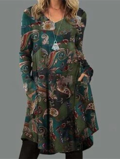 Women's Casual Dress T Shirt Dress Tee Dress Mini Dress Black Red Dark Green Long Sleeve Flower Pocket Spring Fall Winter V Neck Fashion Vacation 2023 S M L XL XXL 3XL 4XL 5XL