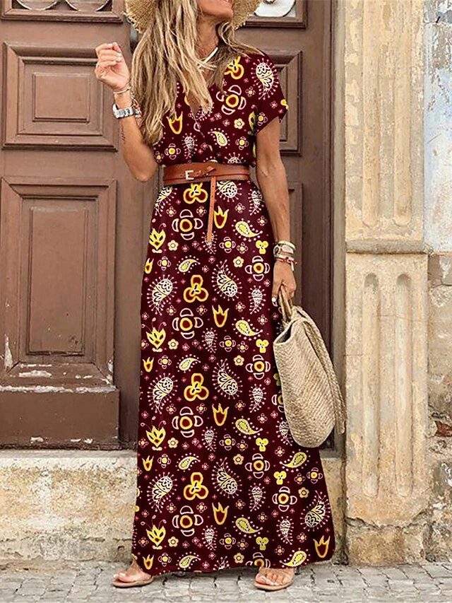 Women's Casual Dress A Line Dress Summer Dress Floral Paisley Split Print V Neck Long Dress Maxi Dress Tropical Fashion Outdoor Street Short Sleeve Regular Fit Wine Red Green Summer Spring S M L XL 3 Women's Casual Dress A Line Dress Summer Dress Floral Paisley Split Print V Neck Long Dress Maxi Dress Tropical Fashion Outdoor Street Short Sleeve Regular Fit Wine Red Green Summer Spring S M L XL - Image 3
