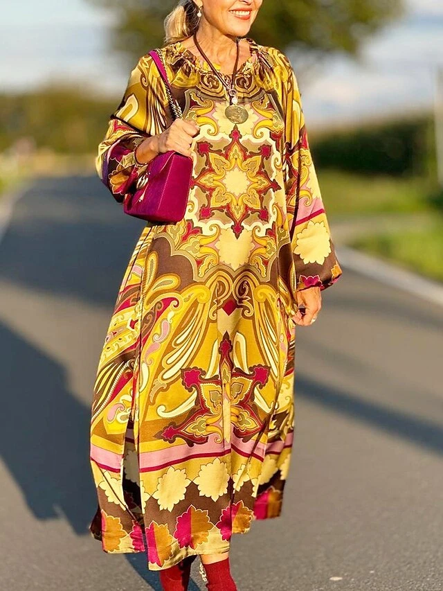 Women's Casual Dress Winter Dress Swing Dress Floral Lace Up Split V Neck Long Dress Maxi Dress Fashion Modern Outdoor Daily Long Sleeve Regular Fit Yellow Green Fall Winter S M L XL 2XL 4 Women's Casual Dress Winter Dress Swing Dress Floral Lace Up Split V Neck Long Dress Maxi Dress Fashion Modern Outdoor Daily Long Sleeve Regular Fit Yellow Green Fall Winter S M L XL 2XL - Image 4