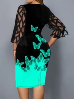 Women‘s Plus Size Curve Party Dress Butterfly Crew Neck Print 3/4 Length Sleeve Spring Fall Work Casual Sexy Prom Dress Midi Dress Daily Work Dress -Casual Print Dress Sales badipi1627617593153