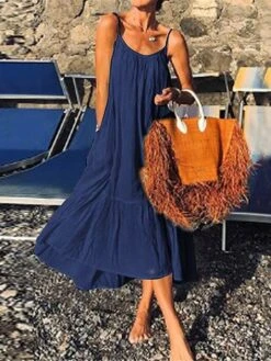 Women's Casual Dress White Dress Summer Dress Long Dress Maxi Dress Ruffle Pocket Daily Date Going Out Fashion Basic Strap Sleeveless 2023 Loose Fit Black White Yellow Color S M L XL XXL Size -Casual Print Dress Sales bavbsj1689327300786