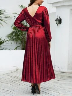 Women's Casual Dress Winter Dress Plain Dress Midi Dress Lace Up Pleated Outdoor Street Daily Fashion Streetwear V Neck Long Sleeve 2023 Loose Fit Yellow Red Purple Color S M L XL XXL Size -Casual Print Dress Sales bbcosj1692868970084