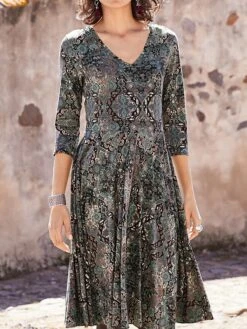 Women's Casual Dress Paisley Dress Ethnic Dress Floral Paisley Print V Neck Midi Dress Vintage Ethnic Outdoor Daily 3/4 Length Sleeve Regular Fit Dark Green Purple Orange Spring Fall S M L XL XXL -Casual Print Dress Sales bbcwvw1692762335082