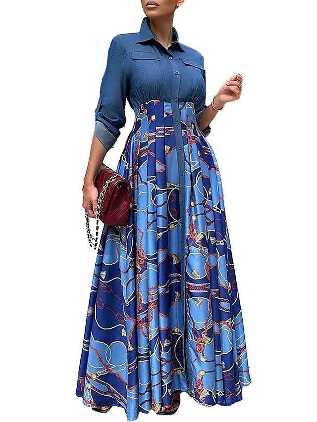 Women's Casual Dress Denim Dress A Line Dress Floral Patchwork Button Shirt Collar Long Dress Maxi Dress Fashion Streetwear Outdoor Daily Long Sleeve Regular Fit Red Blue Fall Winter S M L XL XXL 3 Women's Casual Dress Denim Dress A Line Dress Floral Patchwork Button Shirt Collar Long Dress Maxi Dress Fashion Streetwear Outdoor Daily Long Sleeve Regular Fit Red Blue Fall Winter S M L XL XXL - Image 3