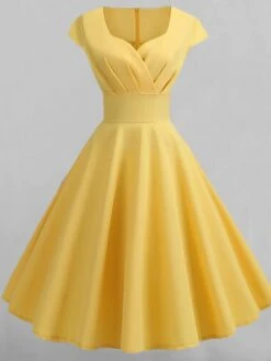 Women's Swing Dress Vintage Tea Dresses Midi Dress Black Yellow Pink Short Sleeve Pure Color Ruched Spring Summer Crew Neck Vintage Daily Weekend Slim S M L XL XXL