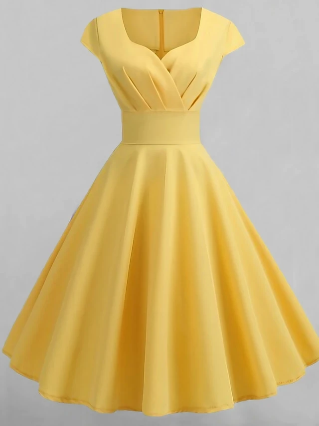 Women's Swing Dress Vintage Tea Dresses Midi Dress Black Yellow Pink Short Sleeve Pure Color Ruched Spring Summer Crew Neck Vintage Daily Weekend Slim S M L XL XXL 1 Women's Swing Dress Vintage Tea Dresses Midi Dress Black Yellow Pink Short Sleeve Pure Color Ruched Spring Summer Crew Neck Vintage Daily Weekend Slim S M L XL XXL