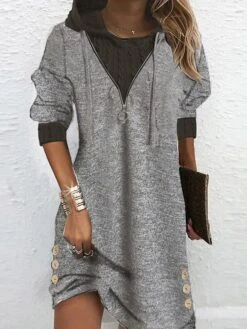Women‘s Hoodie Dress Winter Dress Mini Dress Dark Gray 3/4 Length Sleeve Pure Color Ruched Button Winter Fall Hooded Stylish Casual 2022 S M L XL XXL 3XL
