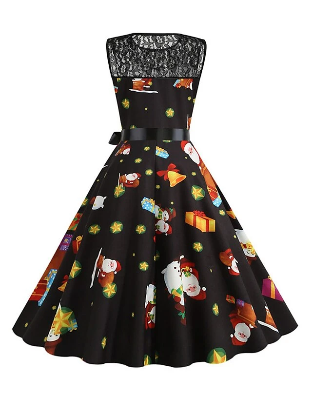 Women‘s Christmas Retro 1950s Vintage Dress Midi Dress Party Patchwork Bow Santa Claus Crew Neck Sleeveless Regular Fit Fall Winter 2023 Black White S M L XL 8 Women‘s Christmas Retro 1950s Vintage Dress Midi Dress Party Patchwork Bow Santa Claus Crew Neck Sleeveless Regular Fit Fall Winter 2023 Black White S M L XL - Image 8