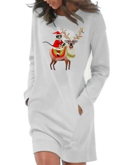 Women‘s Christmas Hoodie Dress Winter Dress Light Blue Grey White Long Sleeve Santa Claus Elk Pocket Print Winter Fall Crew Neck Stylish Casual 2022 S M L XL 2XL / Cotton -Casual Print Dress Sales bcekrz1666692065938